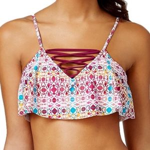 Hula Honey Printed Strappy Flounce Bralette Bikini Top in Wine Multi Large